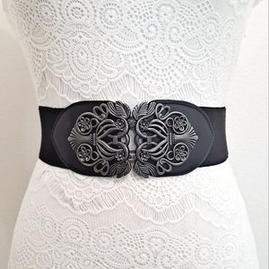 Womens Black Vintage floral buckle corset boho elastic wide steampunk waist belt